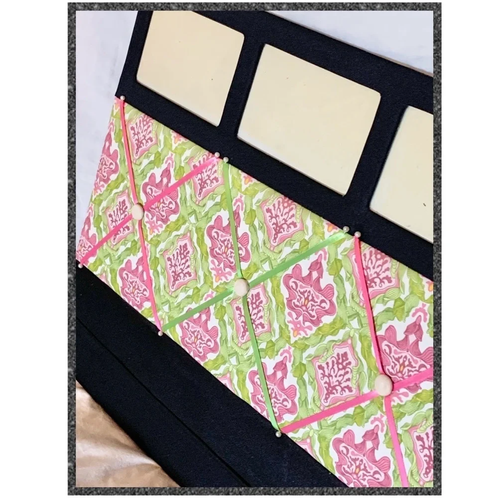 Pink and Green Damask Fabric Memory/Memo Photo Bulletin Board, [18”x20”] Custom